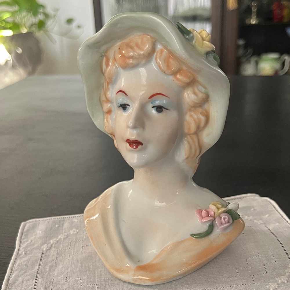 Vintage 1950s Porcelain Lady Head Vase with Hat -
